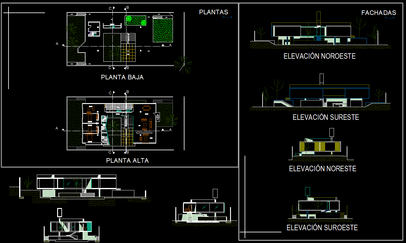 modern house plan, elevation, and section are given in this cad file. Download this 2d cad file now.