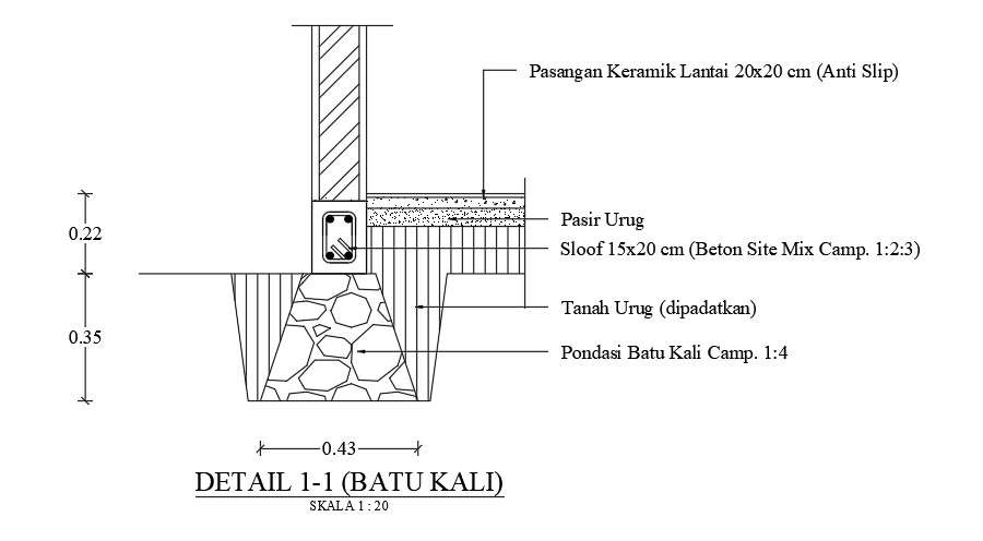 3x3m toilet building foundation section view