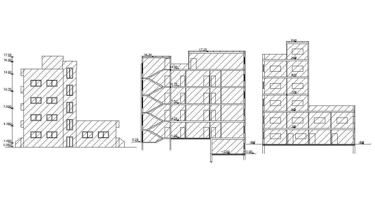 4 Storey Apartment Sectional Elevation Design CAD Drawing