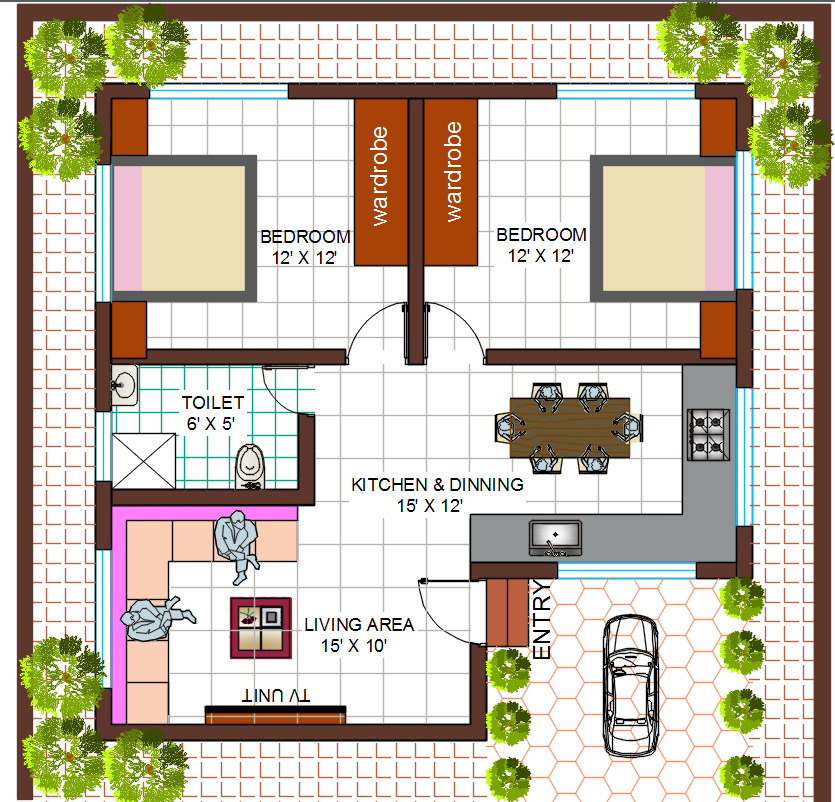 40' x 40' sqft House Plan With 2bhk Design DWG Cad File.
