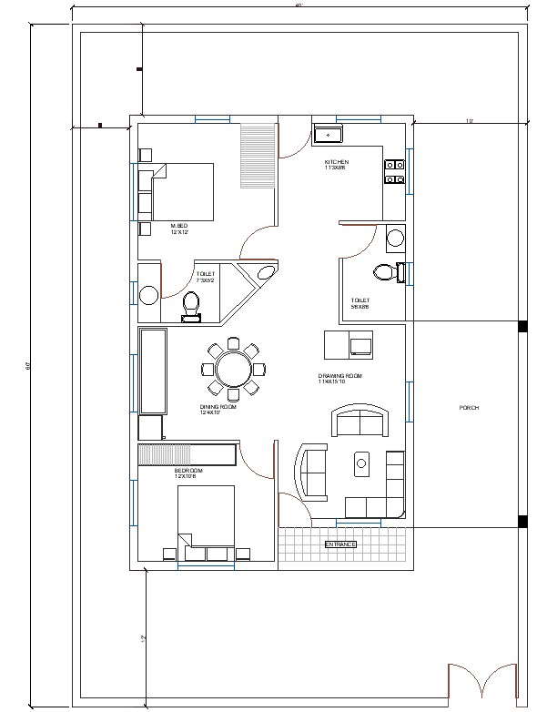 40' x 60' Single Storey Residence  With L Shaped Hall Architecture cad File.