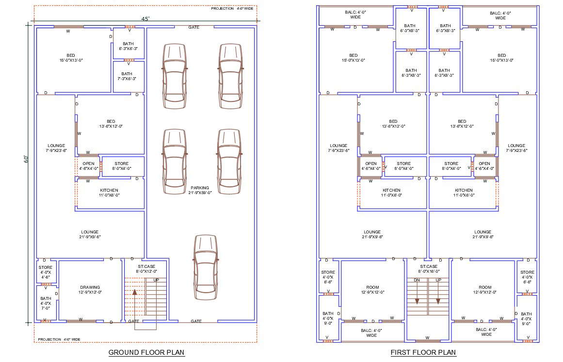45' X 60' Spacious Apartment Plan With Car Parking AutoCAD File