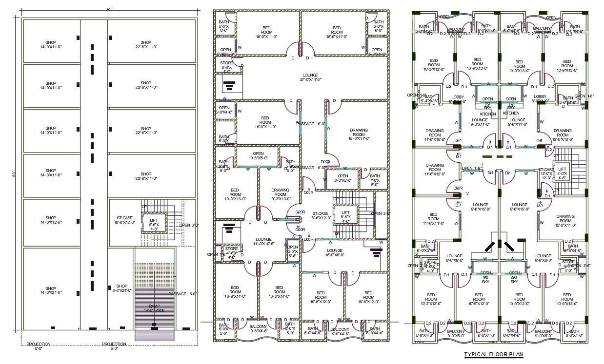 45 X 80 Feet 2 BHK And 3 BHK Apartment Plan AutoCAD File