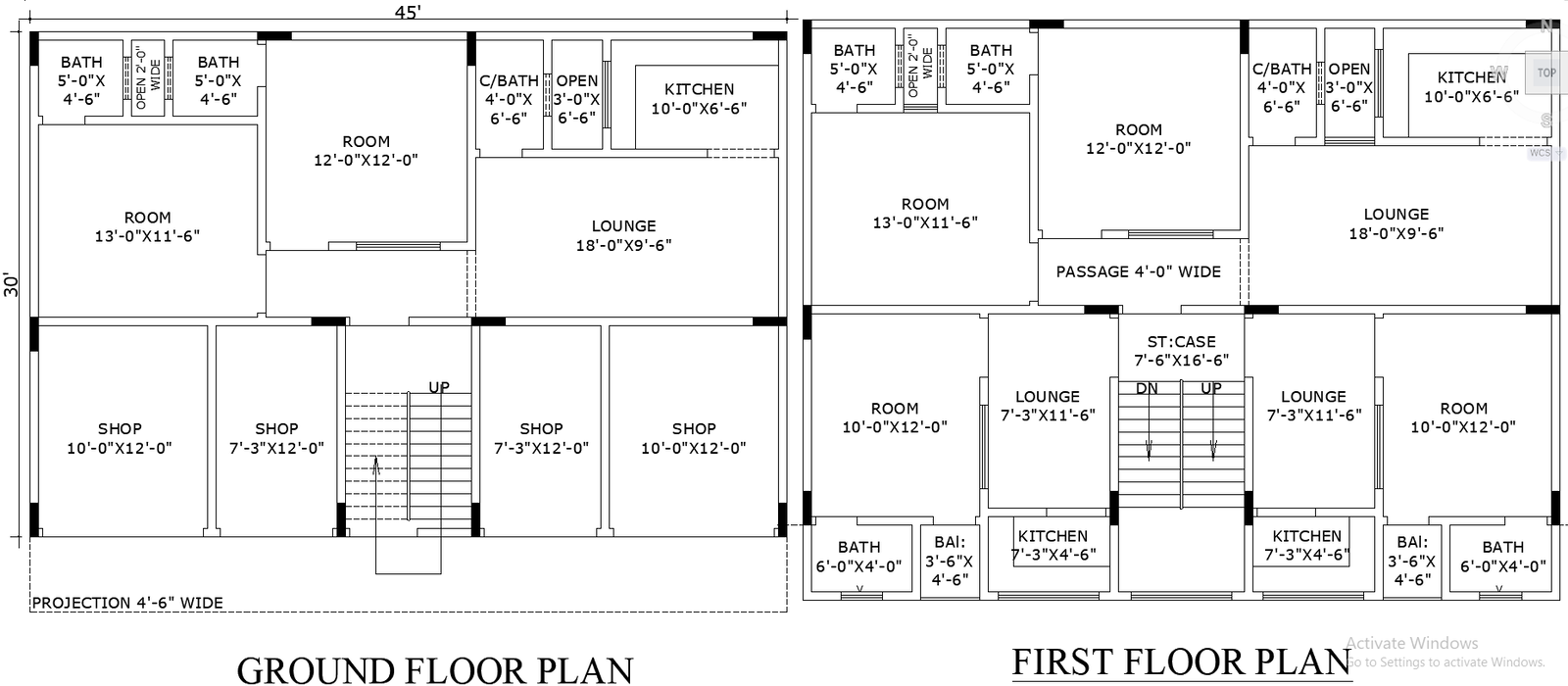 45'x30' Commercial and Residential house Floor Plan in AutoCAD DWG file format. 