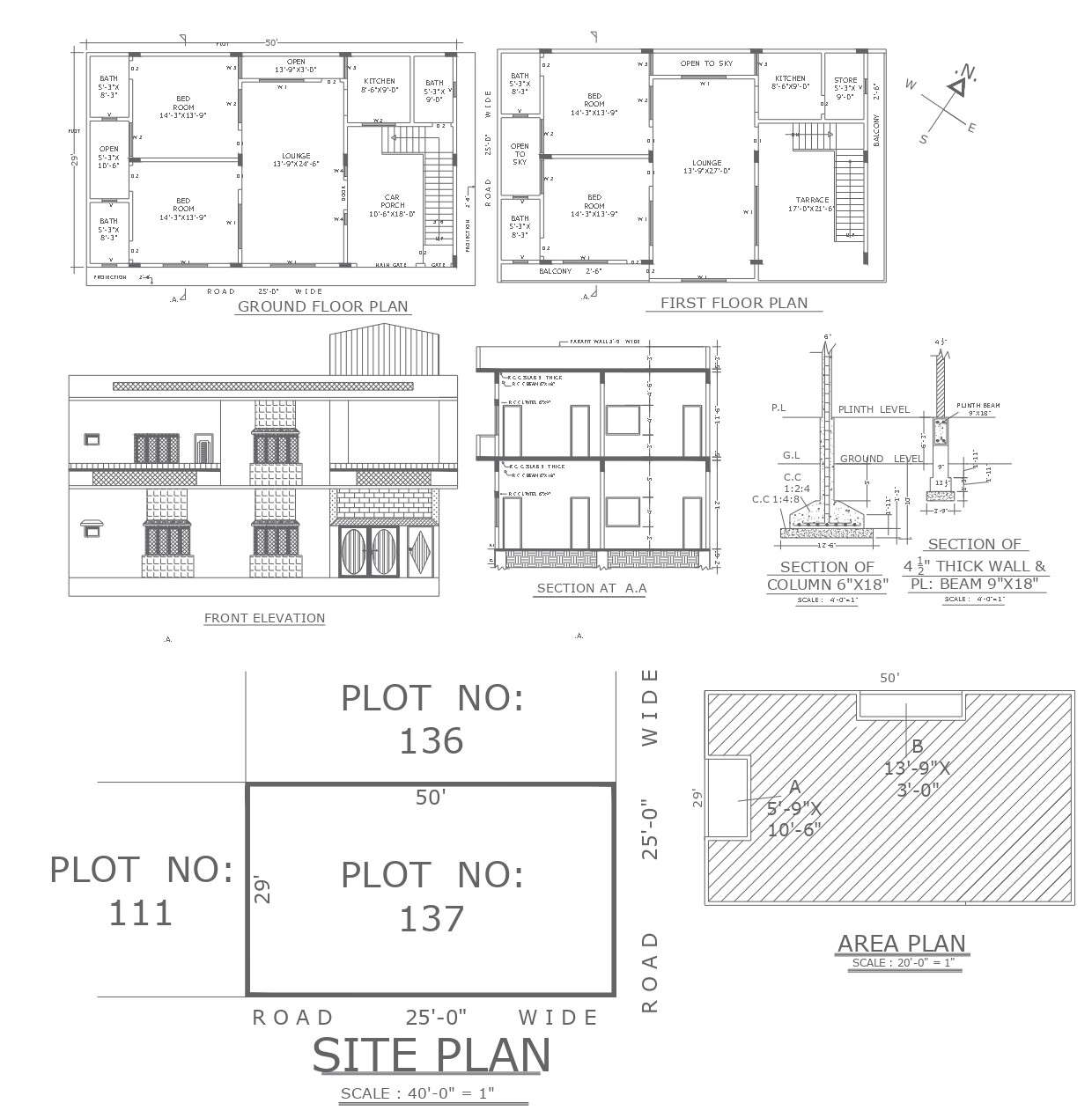 4 BHK Residential Building Floor Plan With Front Elevation and Section Detail AutoCAD File