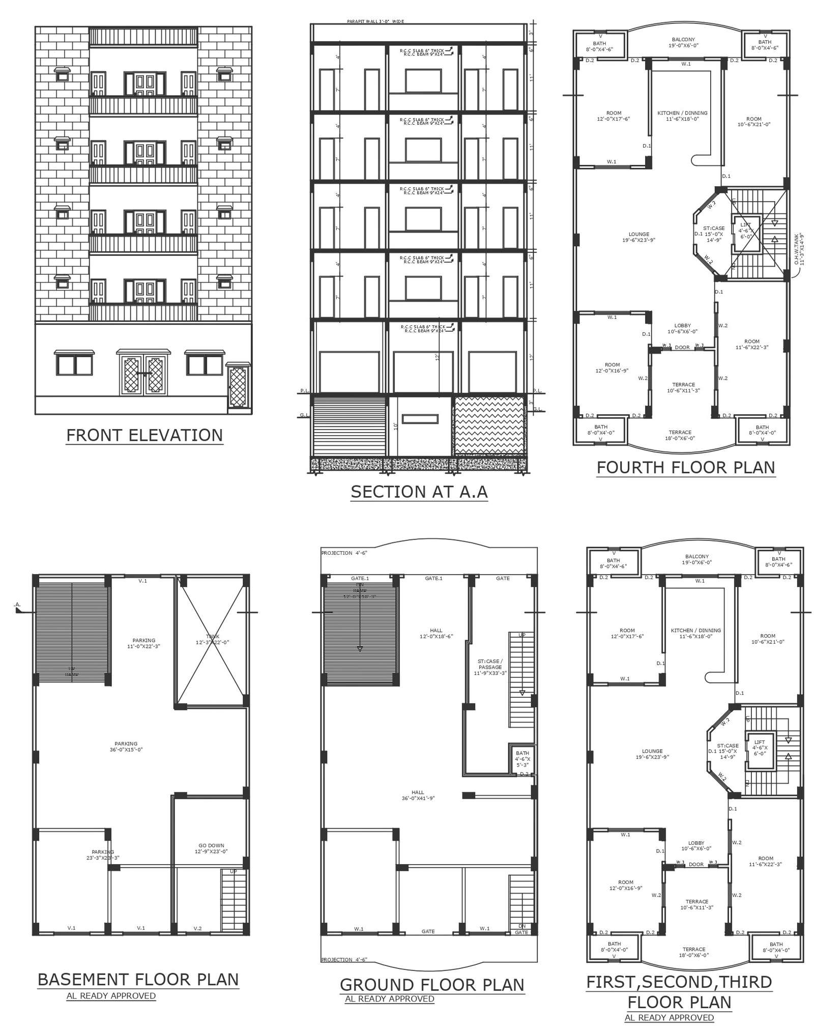 4bhk low rise apartment design where only one flat on each floor detailed plan section and elevation DWG autoCAD drawing