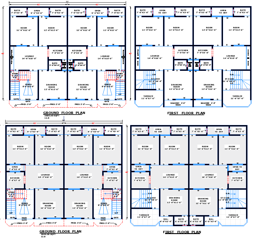 50x40 Two House Floor Plans with Shared Wall Concept
