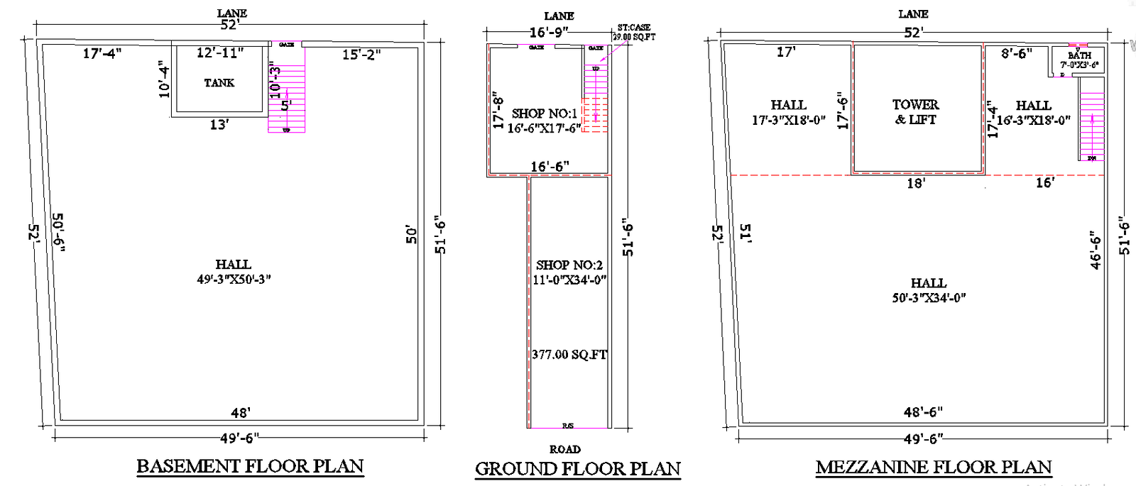 52' x 52' commercial plan have basement, Ground & Mezzanine Plan DWG AutoCAD File