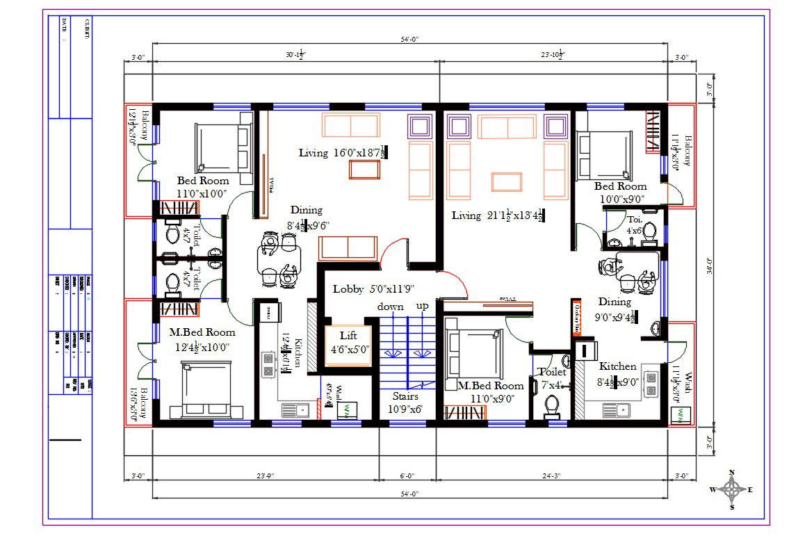 54'X34' Apartment 2 BHK Layout Plan CAD Drawing 