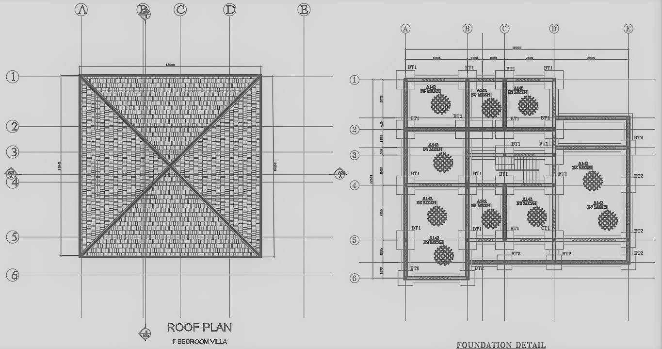 5 bedroom villa foundation detail with roof plan detail dwg autocad drawing . 