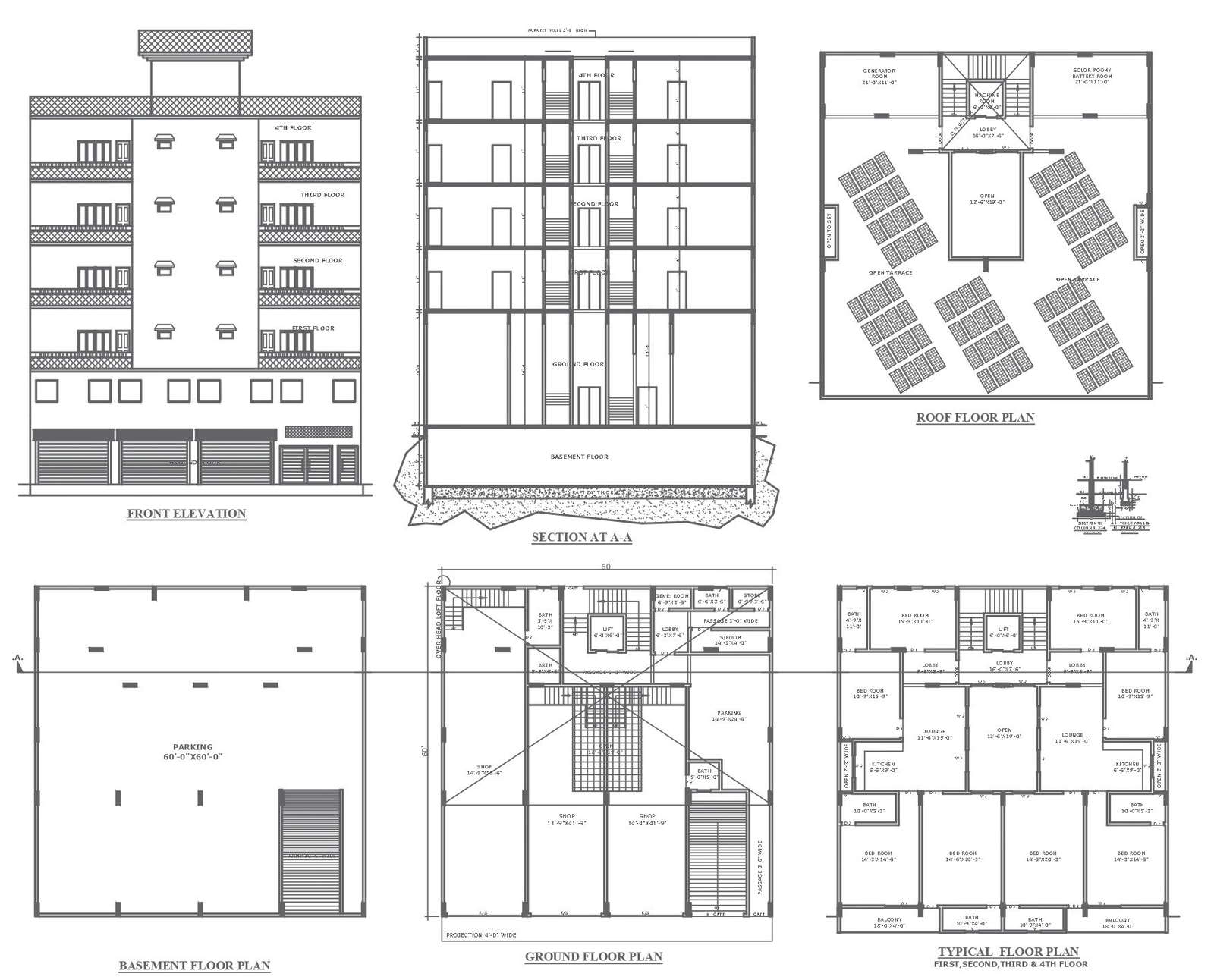 5 storey 3bhk apartment with solar installation on terrace detailed plan section and elevation DWG AutoCAD drawing