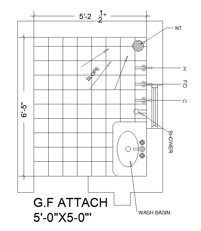 5’x6’5”bathroom plan is given in this AutoCAD drawing model.Download now.