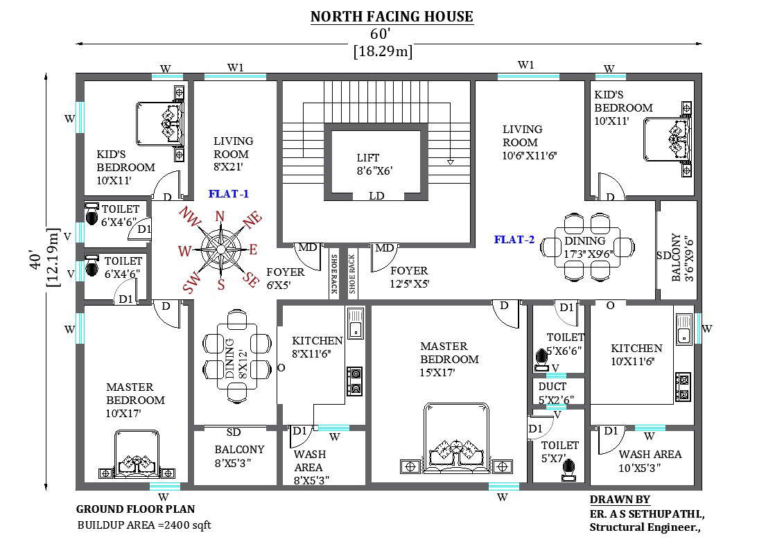 60’x40’ double row flat North facing apartment floor plan. Download the free 2D Autocad drawing file.