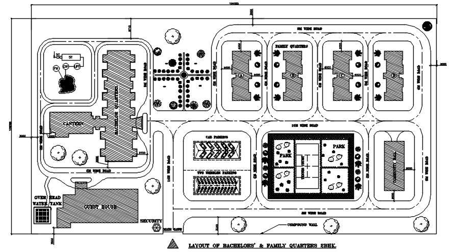 654’x347’ size of Layout of bachelors' & family quarters 2bhk has given in this Autocad DWG drawing file.  Download the Autocae 2D drawing file.