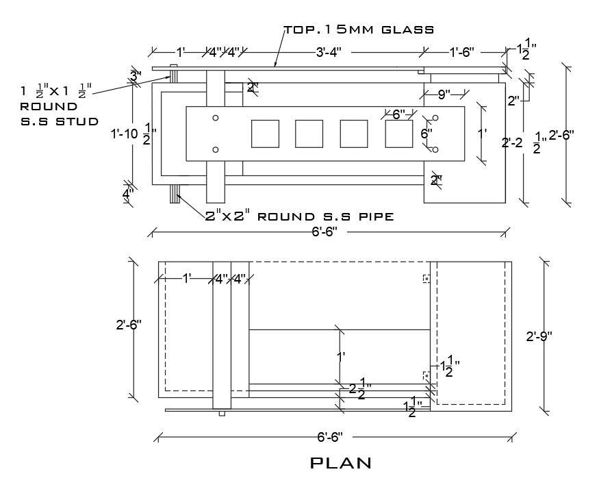 6ft6in x 2ft6in Office Table AutoCAD DWG Plan with Glass Top