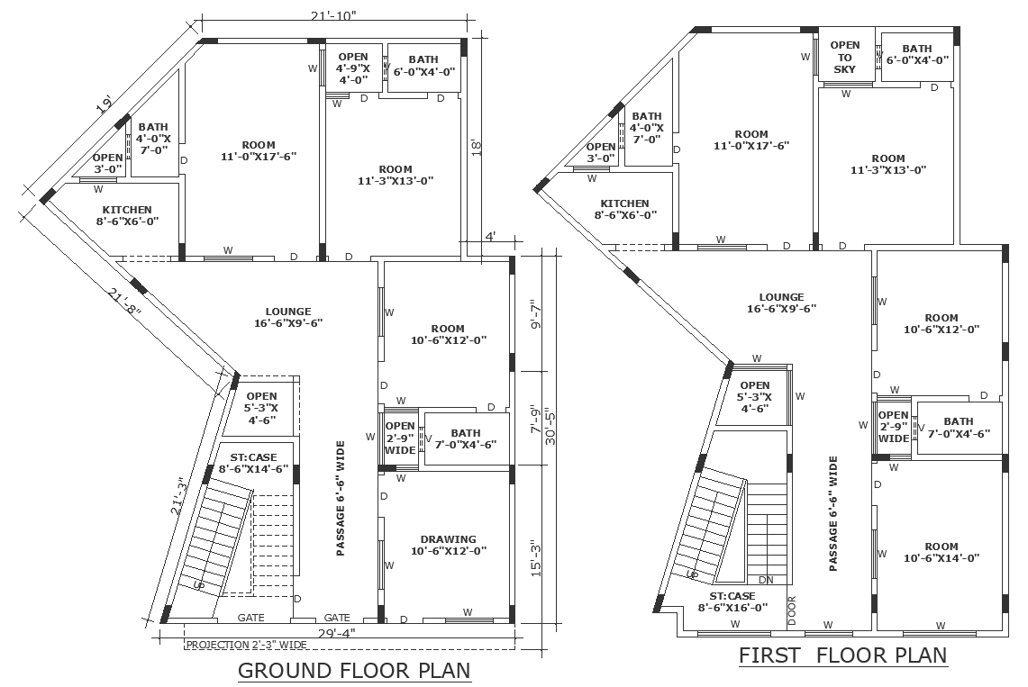 6x8.5 ft kitchen design with open to sky area in three bhk house detailed floor plan with sections and elevation DWG autoCAD drawing