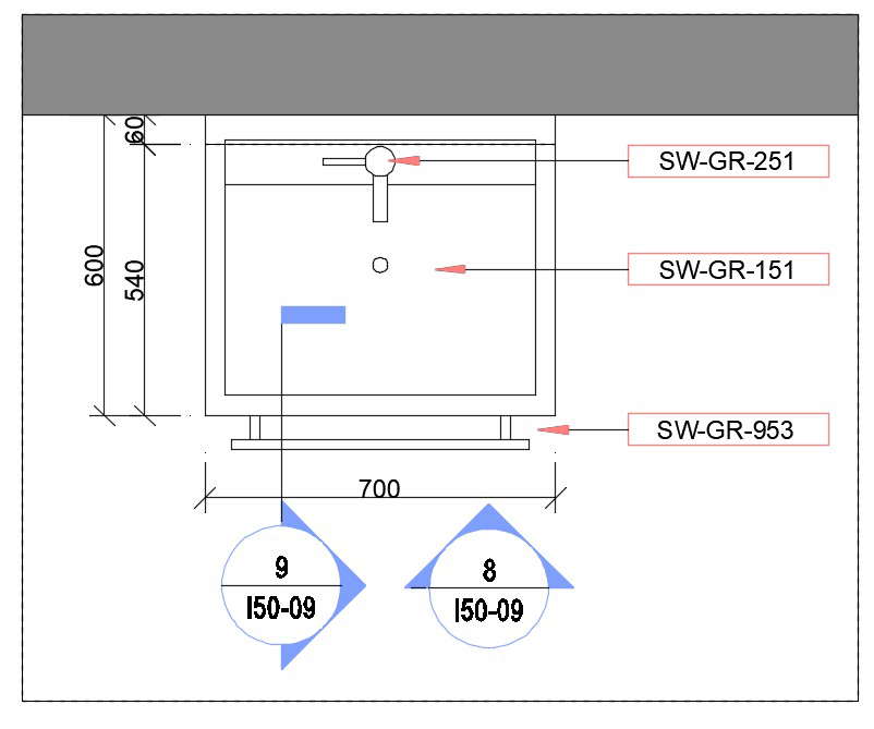 700 mm x 600 mm size of washbasin specified in this cad drawing file.Download the DWG file from our website.