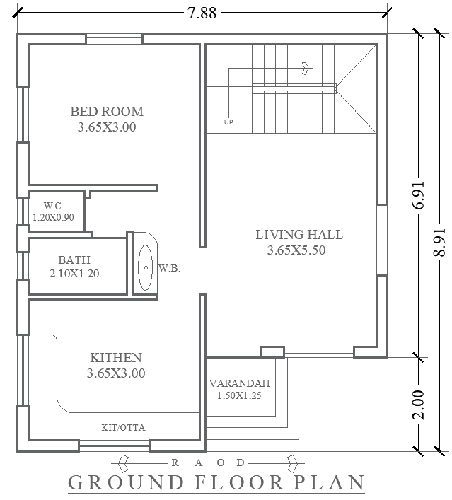 7.88m×8.91m Ground Floor 1BHK AutoCAD DWG Plan