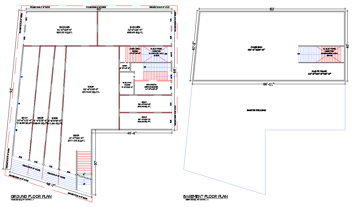 83' X 91' commercial building Plan with shops DWG in AutoCAD