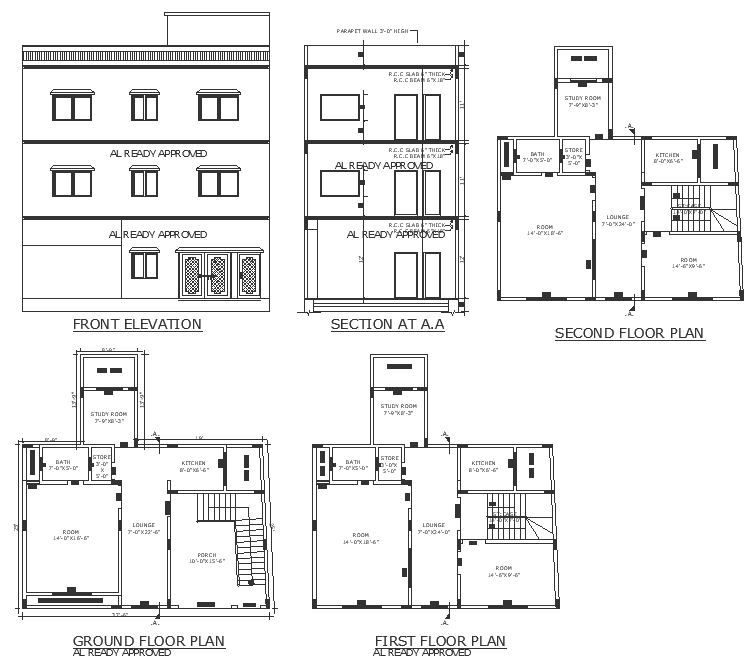 8ft X 9ft study room design in three storey bungalow detailed plan section and elevation DWG autoCAD drawing