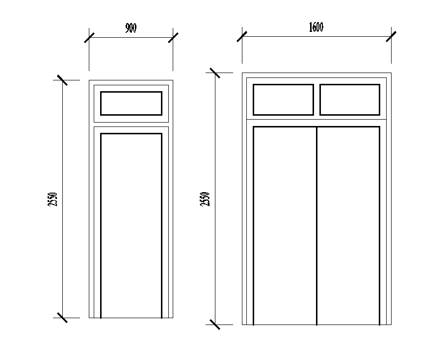 900x2250mm and 1600x2550mm door plans are given in this Autocad drawing file. Download now.