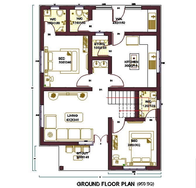 950 Sq Ft House Ground Floor Plan DWG Fi;le