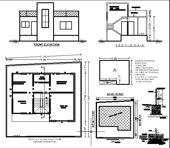 9.58x7.36m 1BHK House Layout with Study Room in DWG File