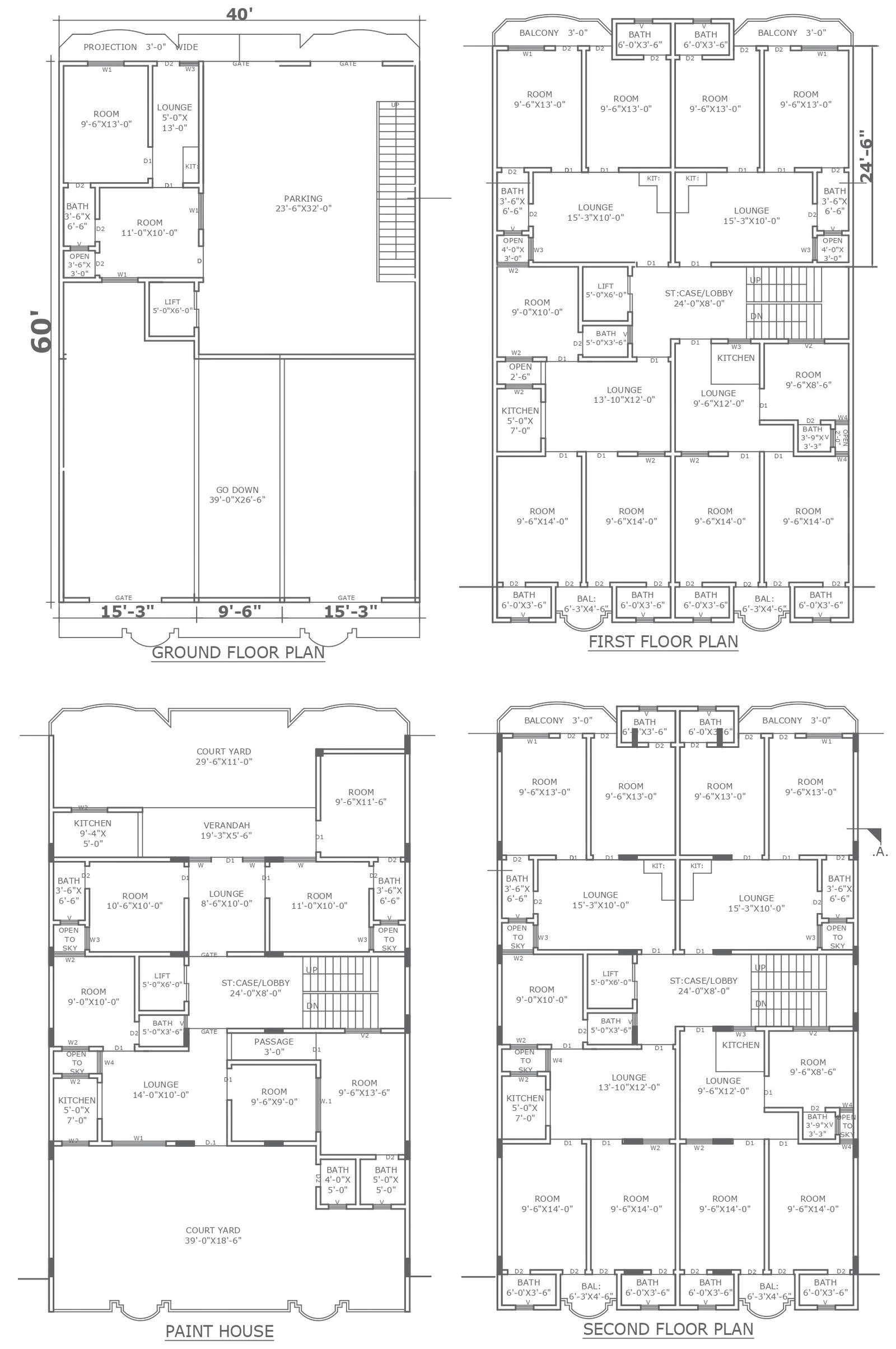 9ft X 5ft kitchen detail in two storey hous plan with all floor detail DWG AutoCAD drawing