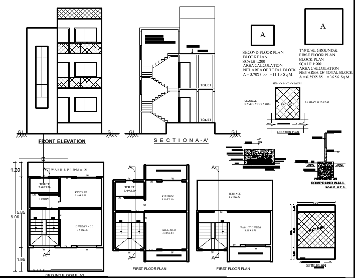 9x6.25m G+2 Bungalow DWG Design with Elevation & Sections