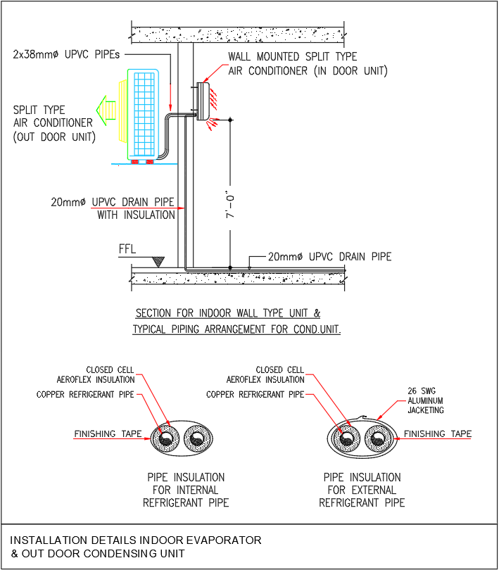 Split AC Installation and Piping DWG CAD Drawing