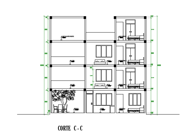 A cut section CC view of the 12x10m house building