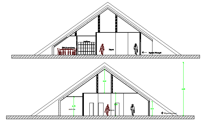 Admin office front and back cut sectional view details dwg file