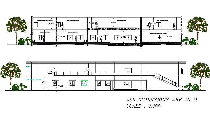 All dimension elevation and section library plan detail dwg file