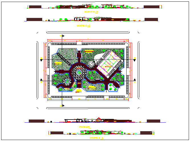 All sided elevation and landscaping details of public garden dwg file