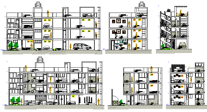 All sided sectional details of multi-level housing building dwg file