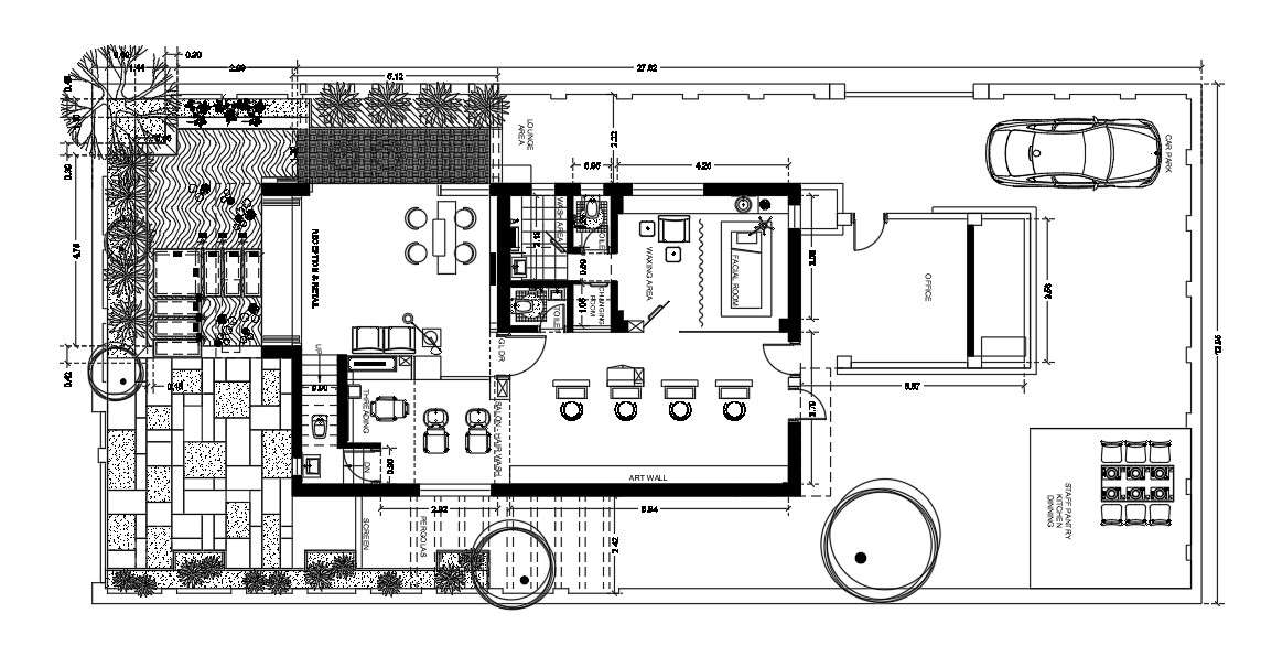 An interior design of 13x32m beauty spa plan is given in this Autocad drawing file.Download now.