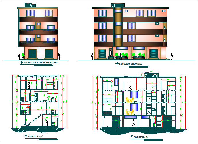 Apartment building elevation design dwg file