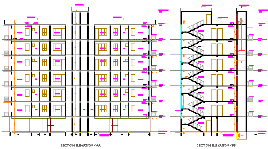 Apartment flat section elevation detail dwg file