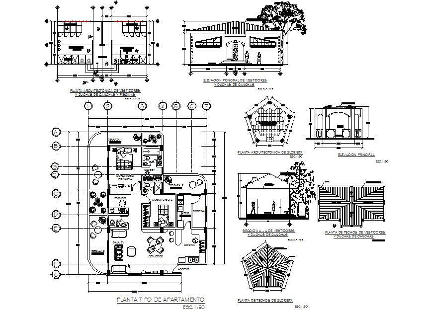 Apartment plan, elevation and section detail dwg file