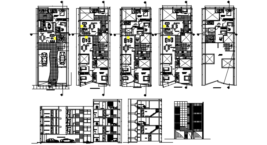 Apartment with elevation and section in dwg file