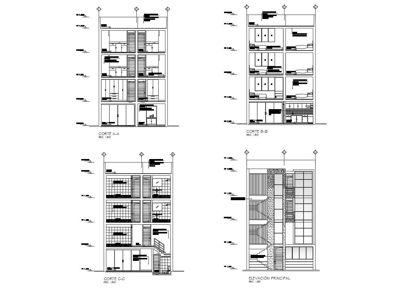 Apartment with elevation and section in dwg file