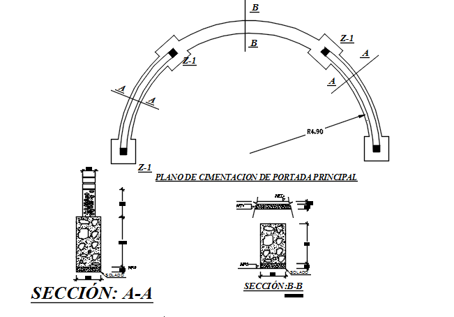 Arc shape plan and section detail dwg file