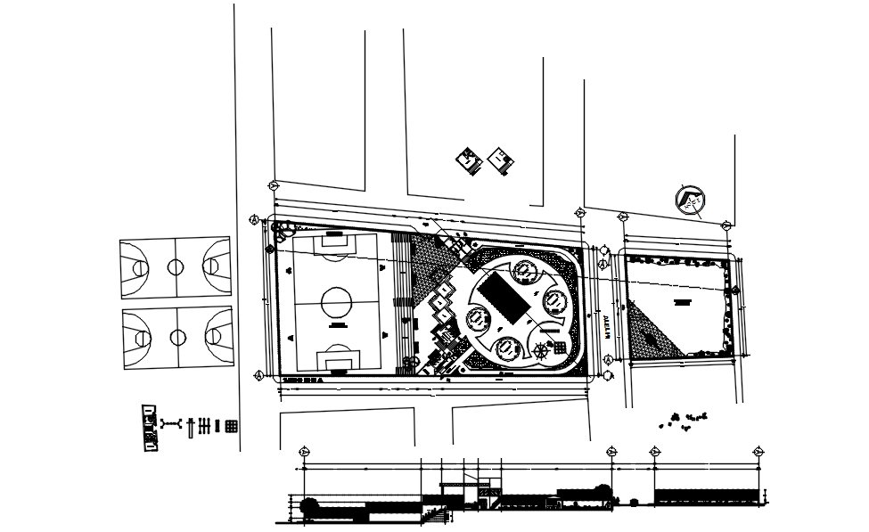 Architectural plan of building 73.59mtr x  37.04mtr in AutoCAD