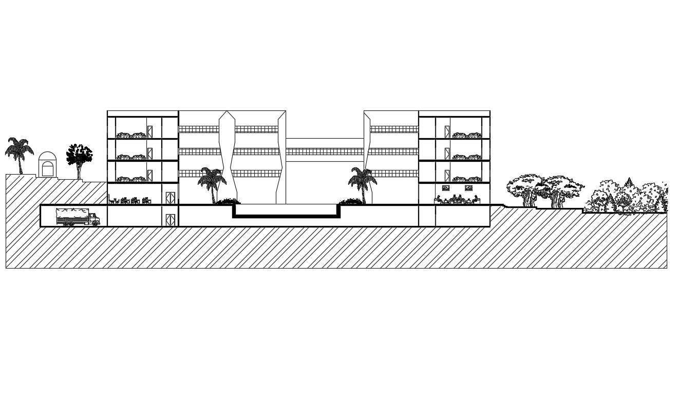 Architecture Hotel Building Cross Section Drawing 