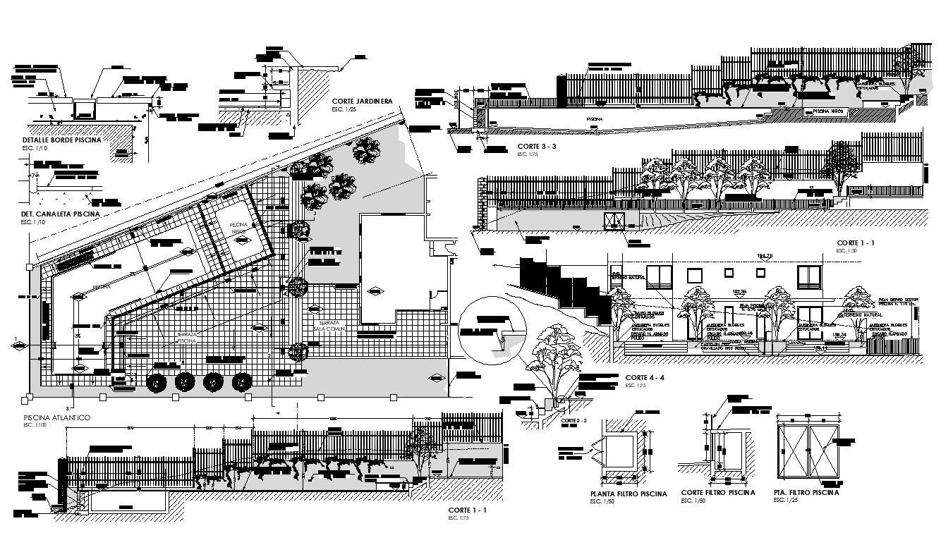 Area covering and building detail plan and sectional detail 2d view CAD structural block layout dwg file