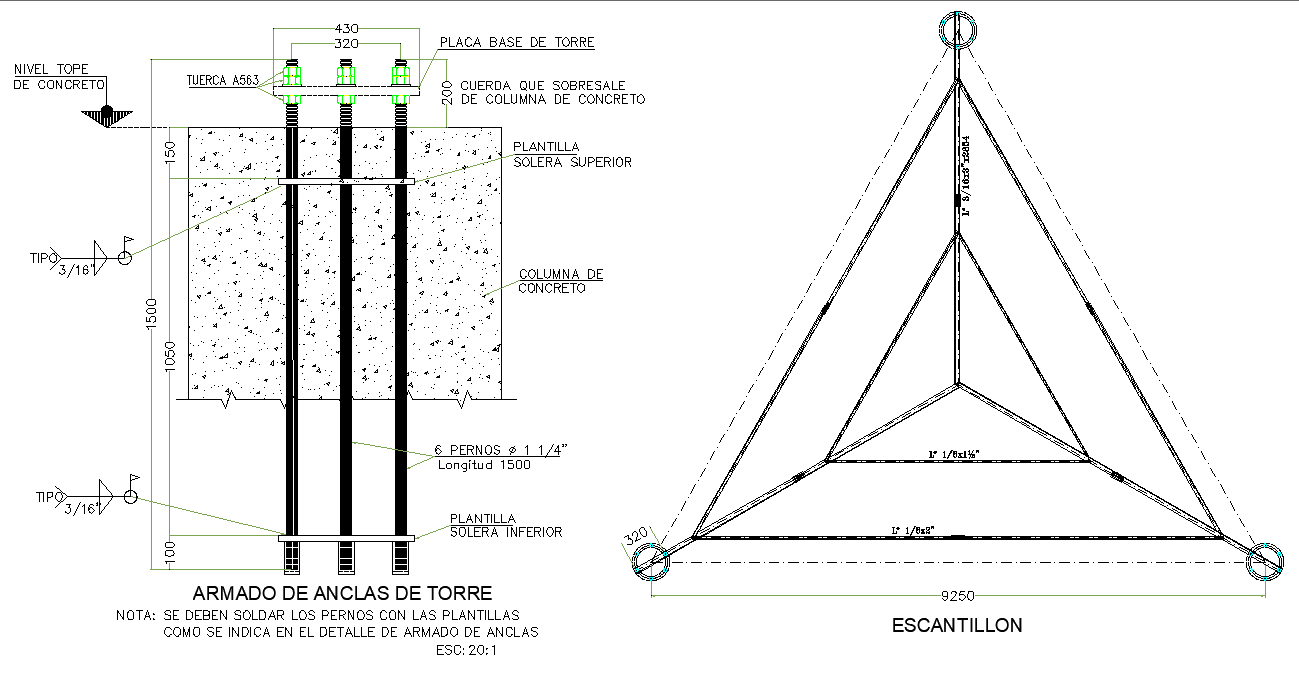 Armed tower anchors plan and section layout file