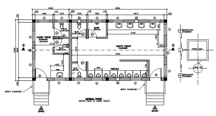 A section and elevation detail of general toilet plan has given in the Autocad DWG drawing file.  Download the AutoCAD drawing file. 