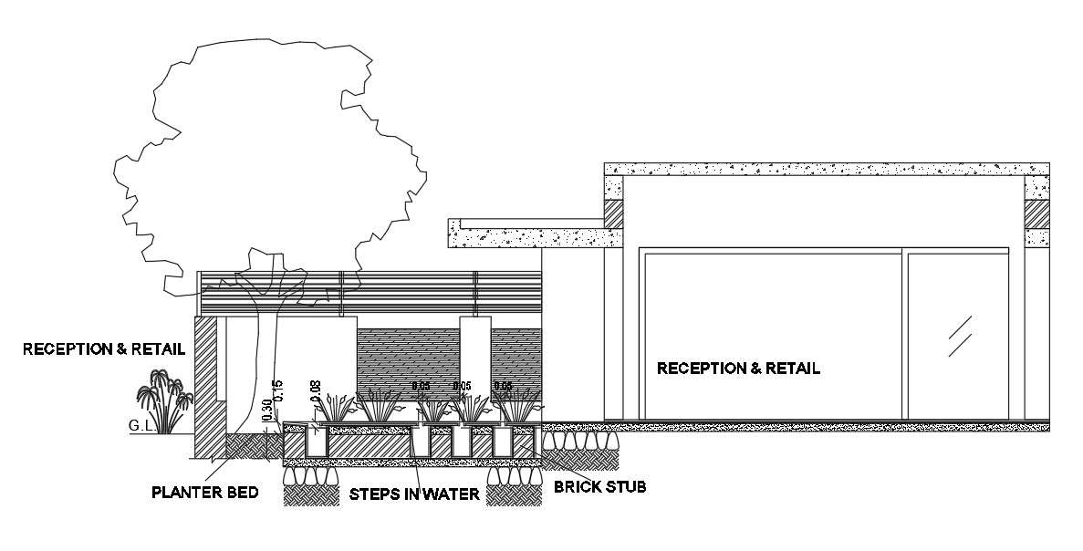 A section view of 13x32m beauty spa building is given in this Autocad drawing file.Download now.