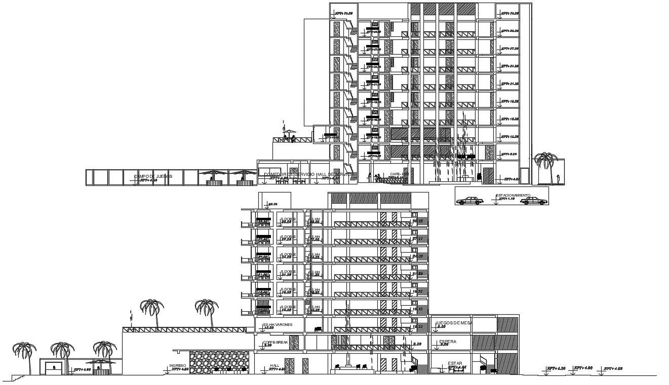 A section view of 87x70m hotel building is given in this Autocad drawing file. Download now.