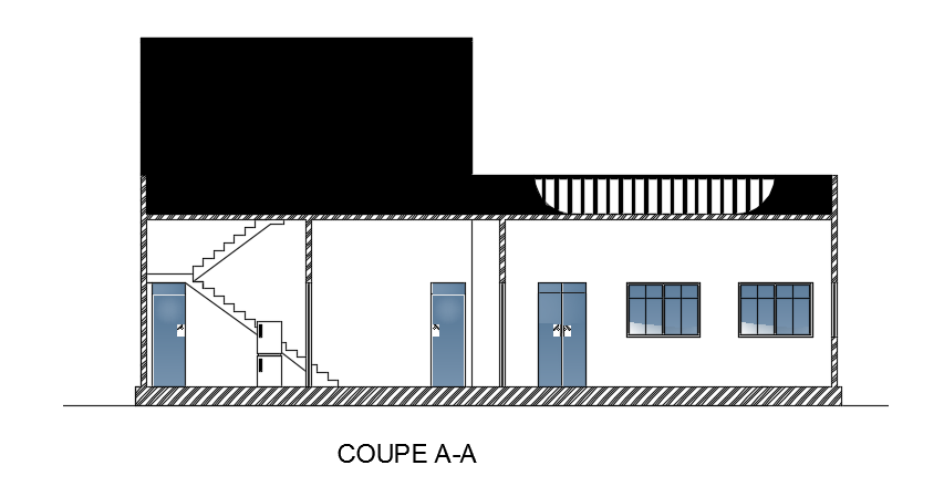 A section view of the 23x15m architecture singe story house building 2d AutoCAD model